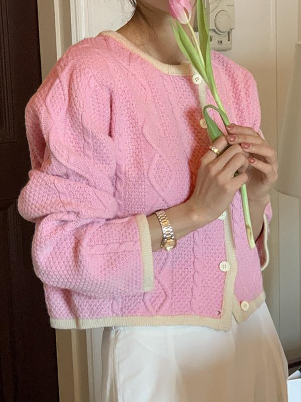 Contrast Color Trim Argyle Cable Knit Cardigan Product Image