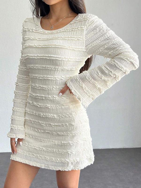 Bodycon Long Sleeves Backless Lace-Up Pleated Solid Color Split-Joint Round-Neck Mini Dresses Product Image