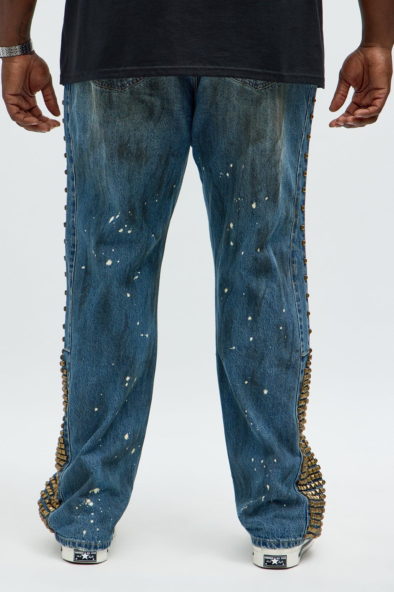 Slim Flare Put Me On Distressed Studded Jeans - Medium Blue Wash Male Product Image