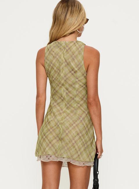 Buffie Shoulder Mini Dress Green Check Product Image