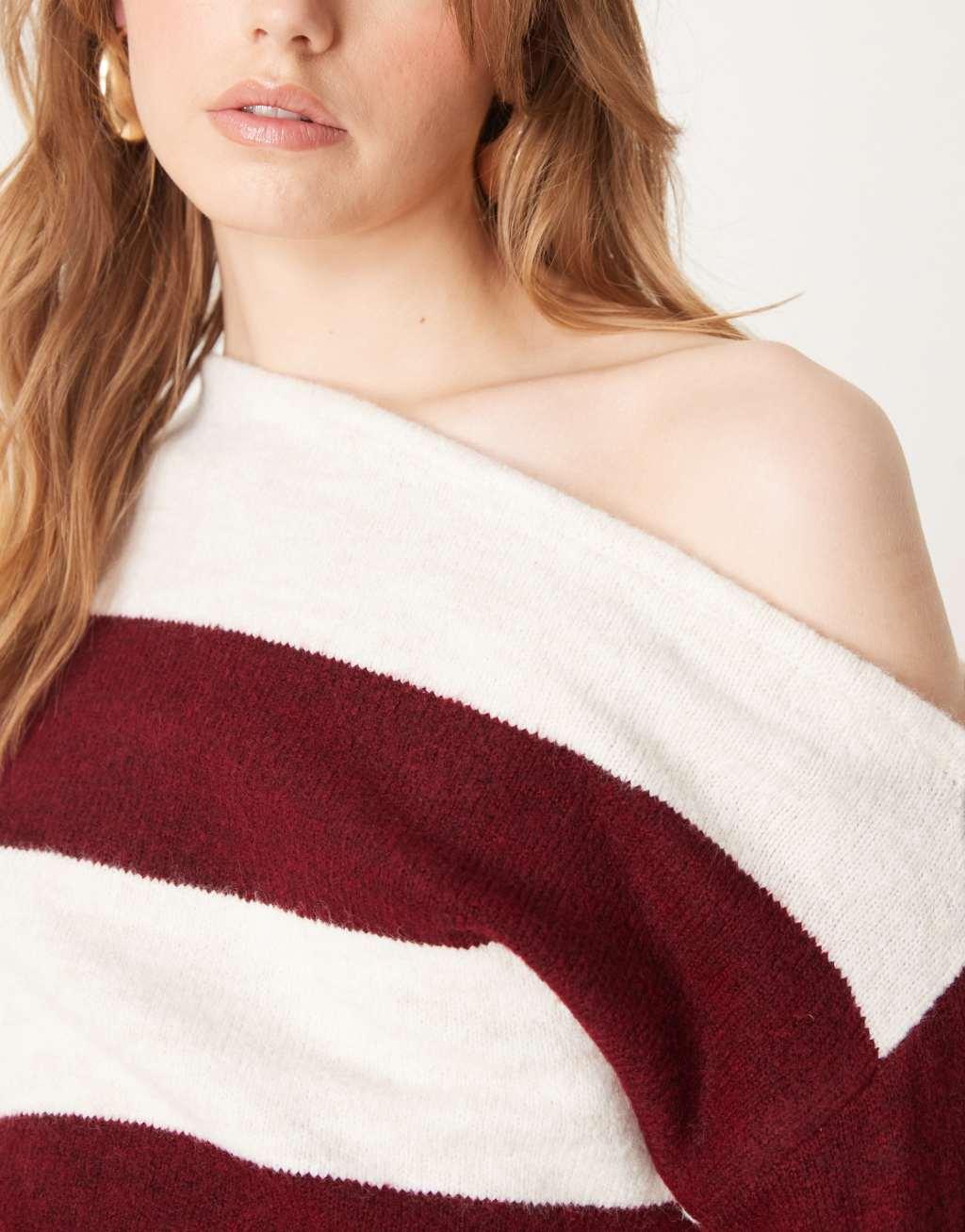 ASOS DESIGN one shoulder knit sweater in burgundy stripe Product Image