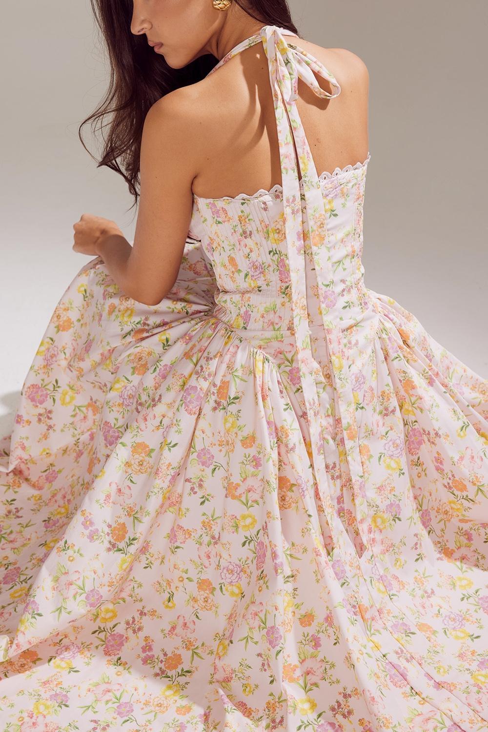 Adabella  pink meadow print cotton halter midi sundress Product Image