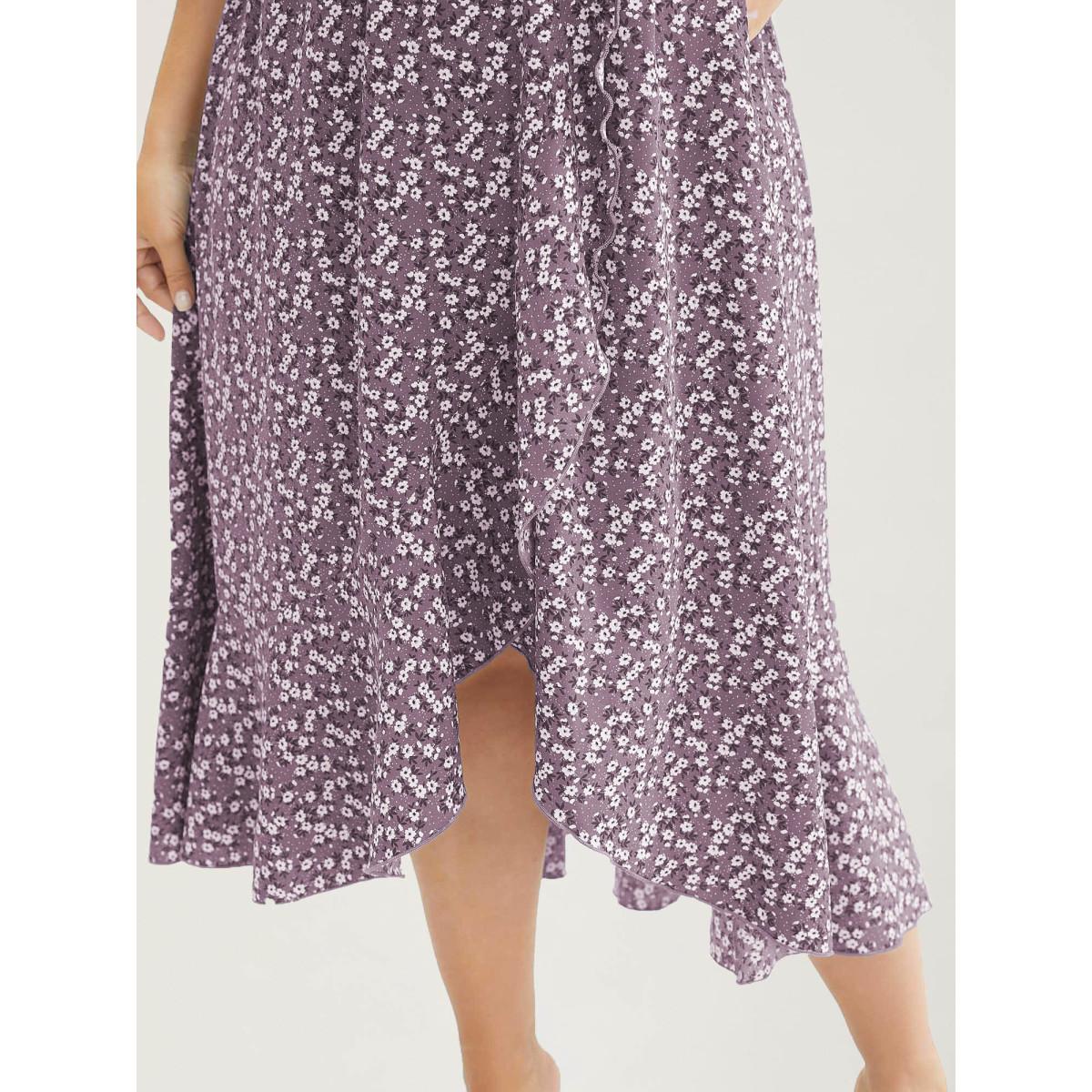 Plus Size Ditsy Floral Pocket Wrap Cold Shoulder Ruffle Dress Mauve Women Romantic Non Overlap Collar Short sleeve Curvy Midi Dress BloomChic 30/6X Product Image