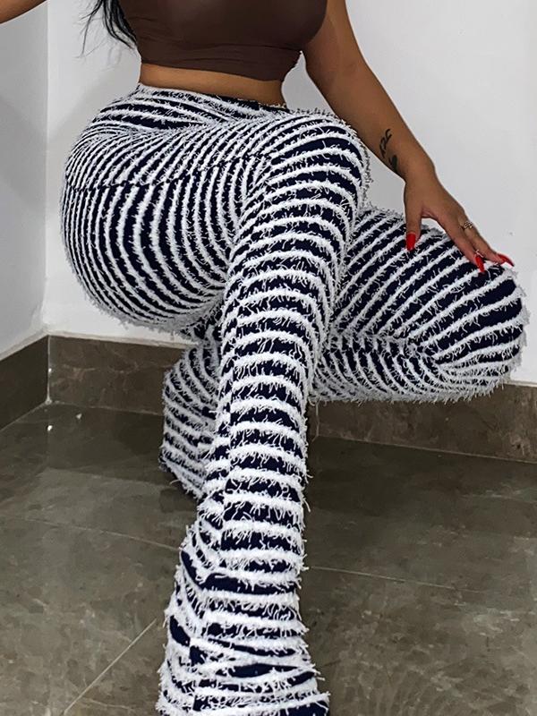 High Waisted Skinny Leg Split-Joint Striped Pants Trousers Product Image