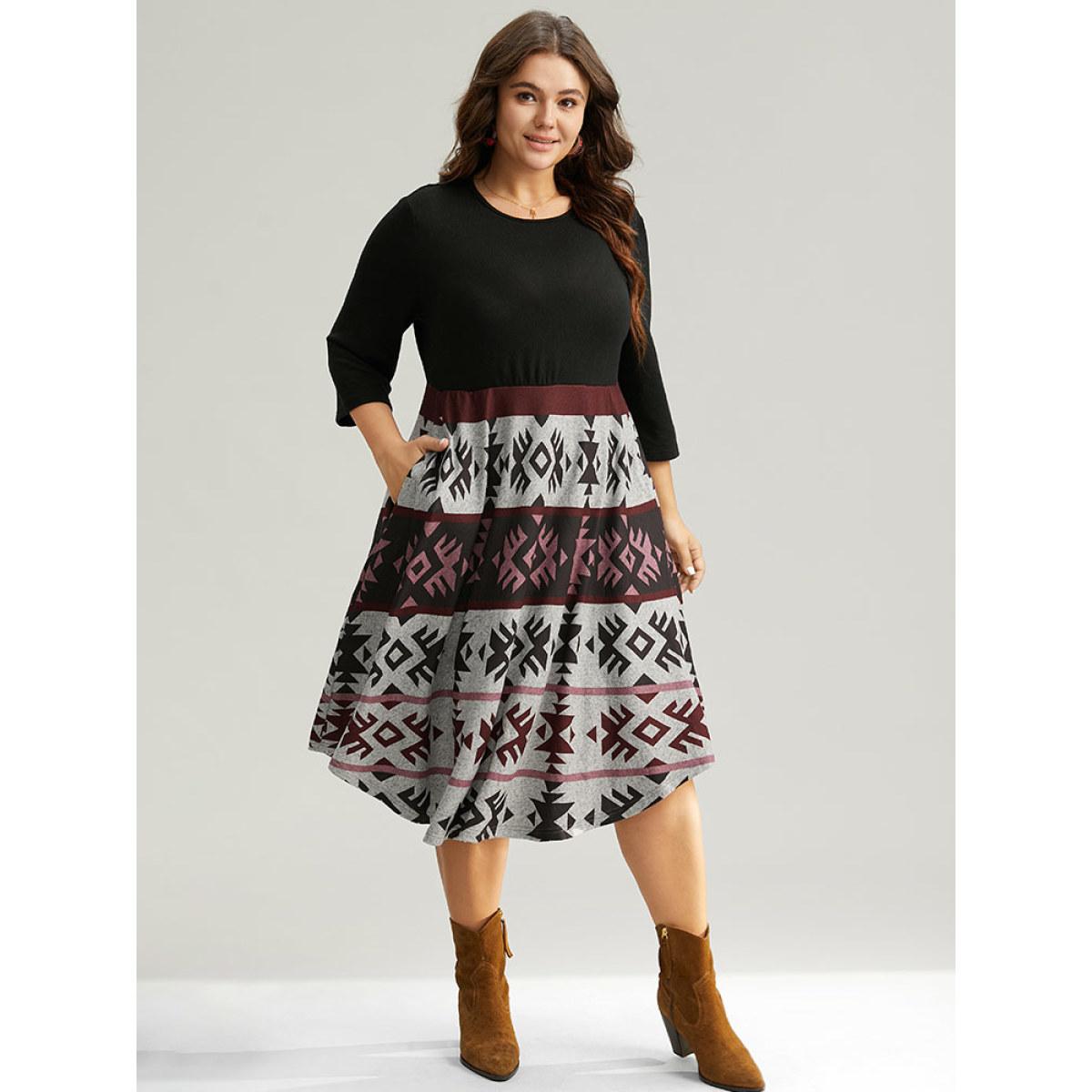 Plus Size Christmas Geometric Contrast Curved Hem Dress Black Women Casual Printed Round Neck Elbow-length sleeve Curvy Midi Dress BloomChic 14-16/1X Product Image