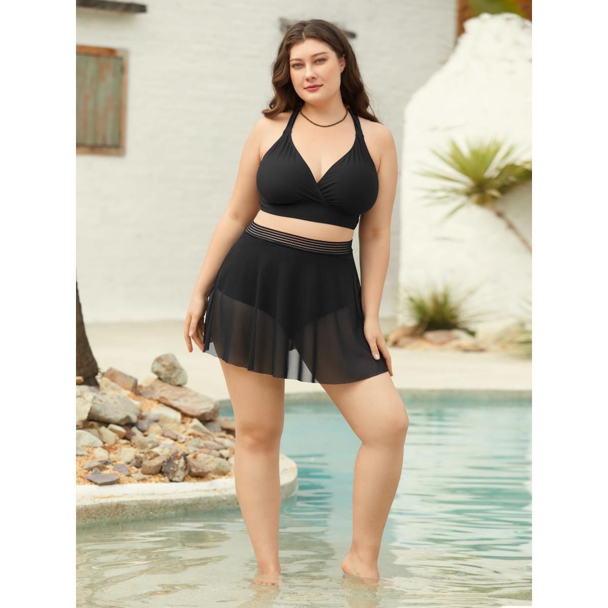 Plus Size Mesh Webbed Flared Swim Bottoms Women's Swimwear Black Beach See through High stretch Bodycon High Rise Curve Swim Bottoms BloomChic 18-20/2X Product Image