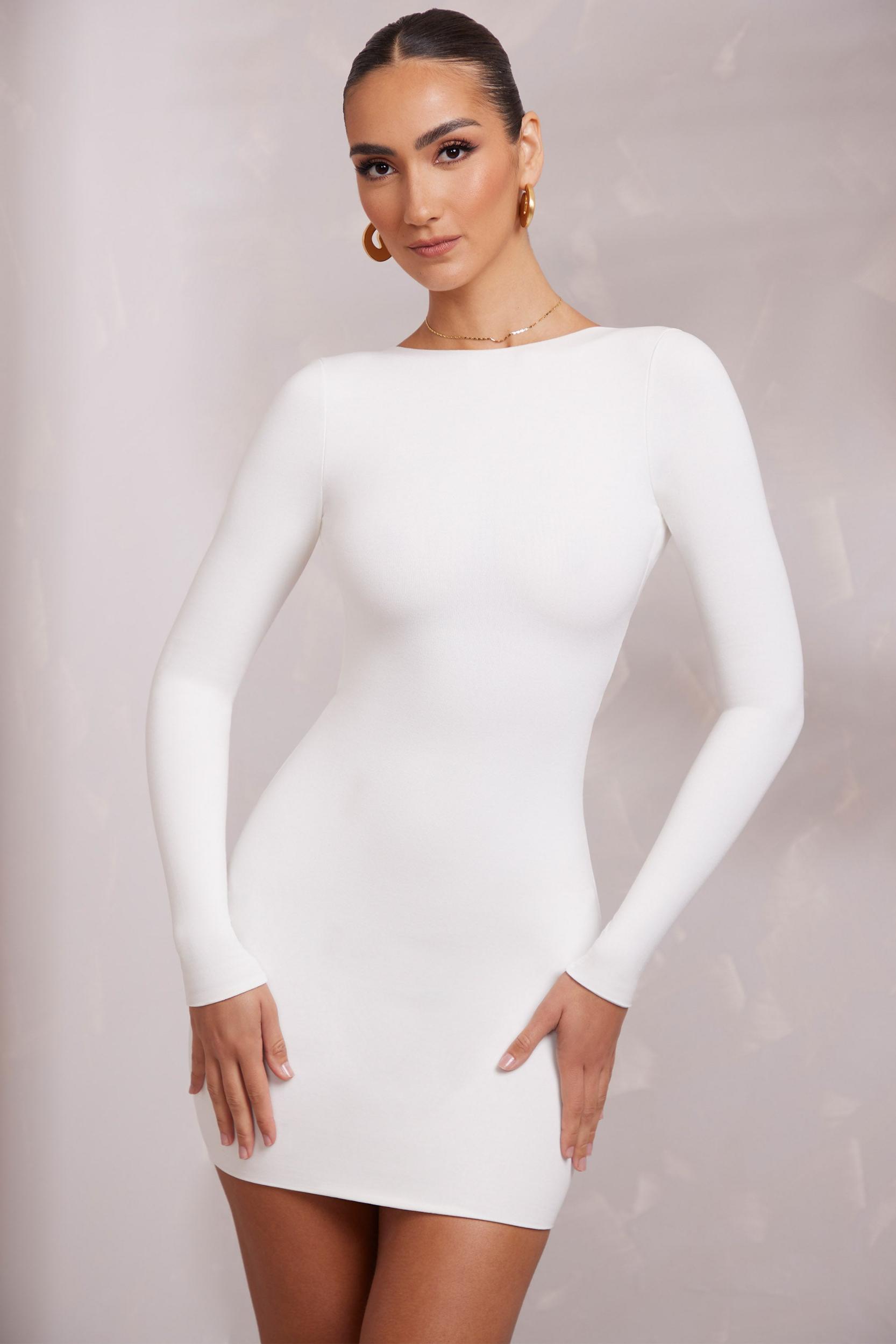 Long Sleeve Backless Mini Dress in White Product Image