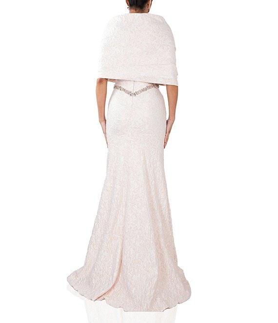 Terani Couture Brocade Twisted Short Sleeve Beaded Waist Mermaid Gown Product Image