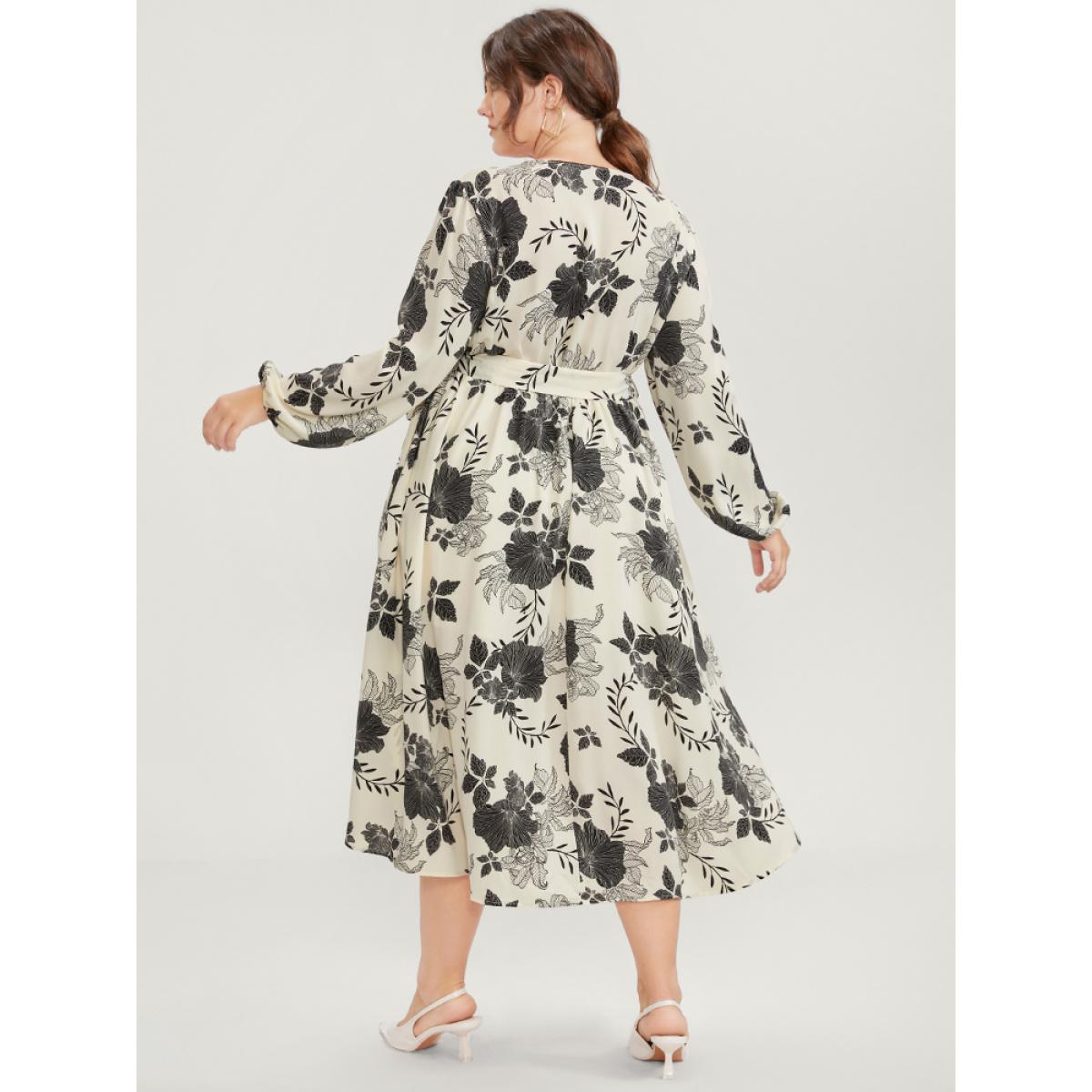 Plus Size Floral Print Lantern Sleeve Pocket Split Belted Dress Beige Women Elegant Belted V-neck Long Sleeve Curvy Midi Dress BloomChic 18-20/2X Product Image