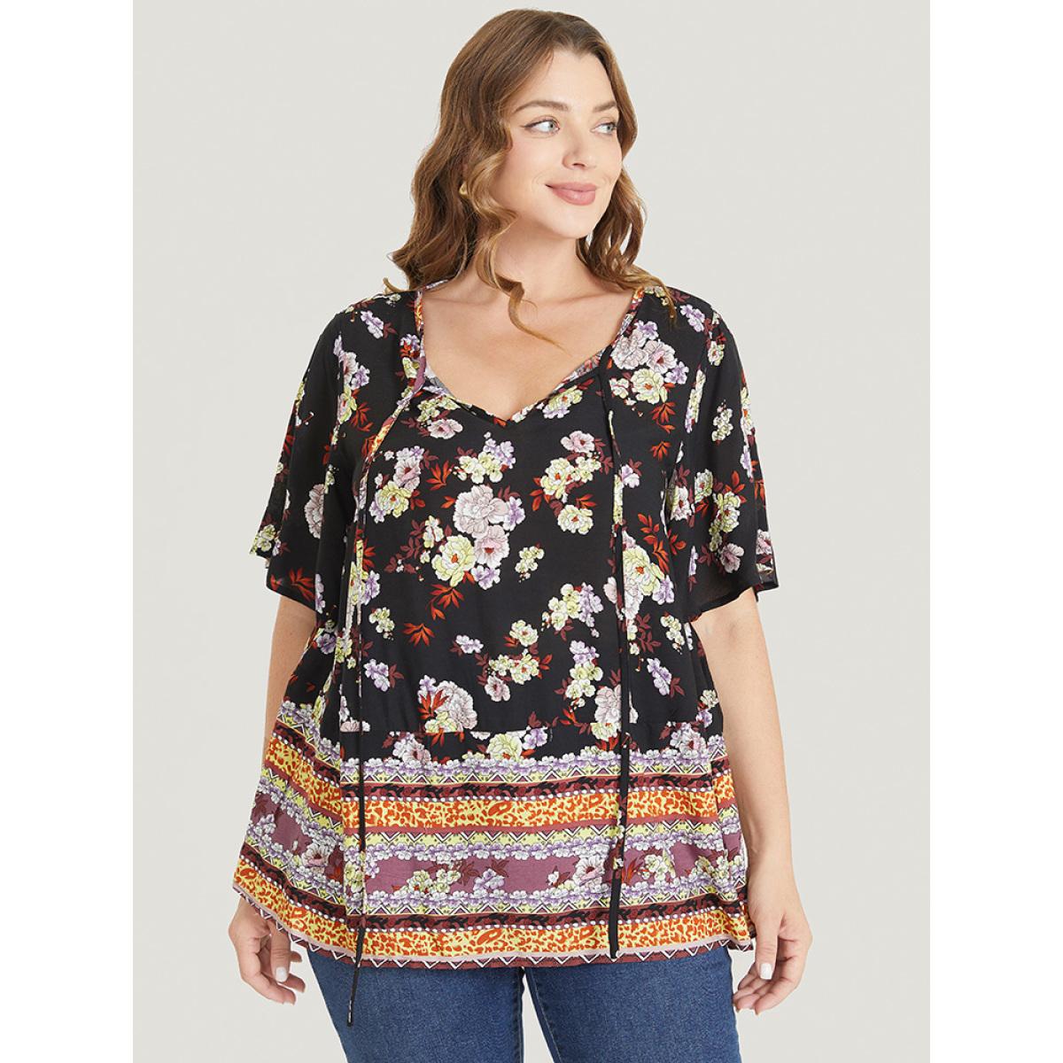 Plus Size BlackFlower Bandana Flutter Sleeve Tie Neck Cut Out Blouse Women Vacation Short sleeve V-neck Dailywear Blouses BloomChic 10/M Product Image