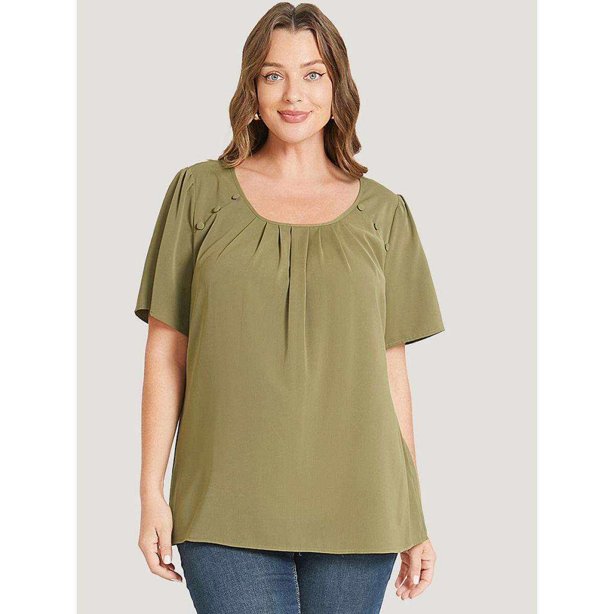 Plus Size SpringGreen Solid Pleated Button Detail Blouse Women Office Short sleeve Round Neck Office Blouses BloomChic 10/M Product Image