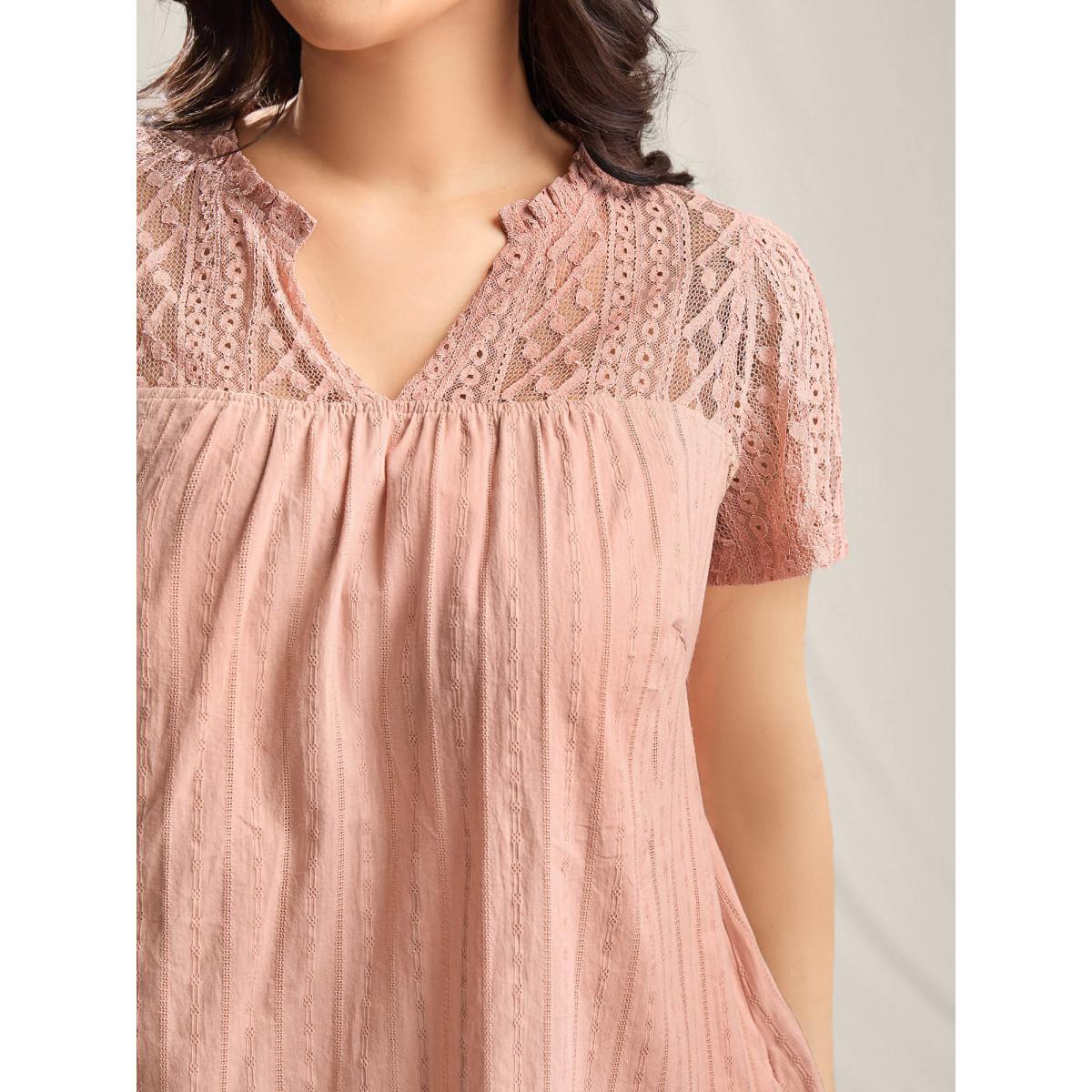 Plus Size Crepe Sheer Notched Collar Textured Spliced Blouse Women Short sleeve Notched collar Everyday-Elegant Blouses BloomChic 22-24/3X Product Image