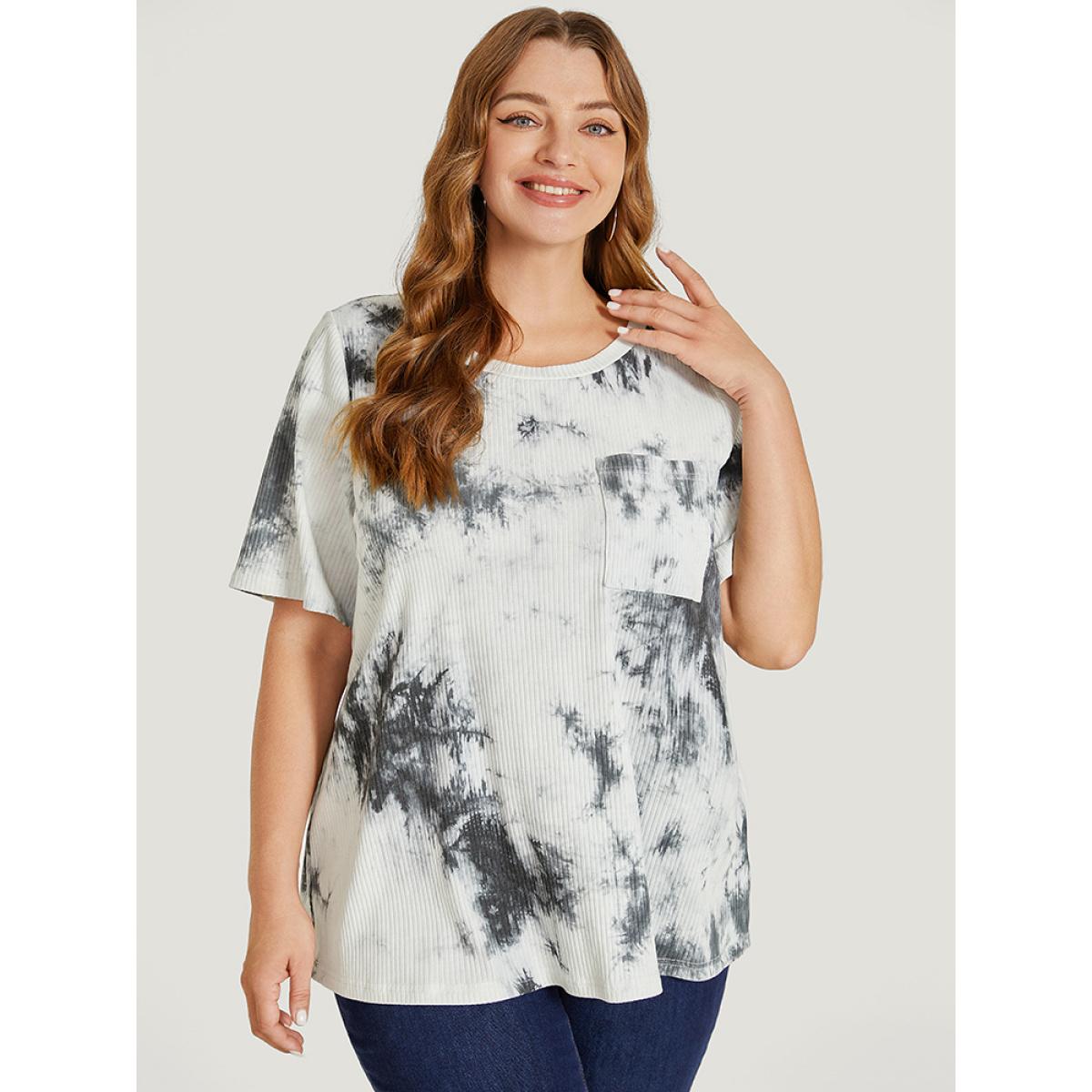 Plus Size Tie Dye Pocket Rib Knit T-shirt Gray Women Casual Tie Dye Round Neck Dailywear T-shirts BloomChic 18-20/2X Product Image