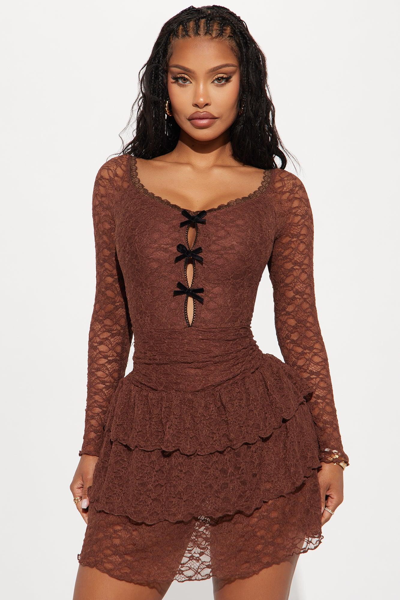 Mellie Tiered Lace Mini Dress - Brown Product Image