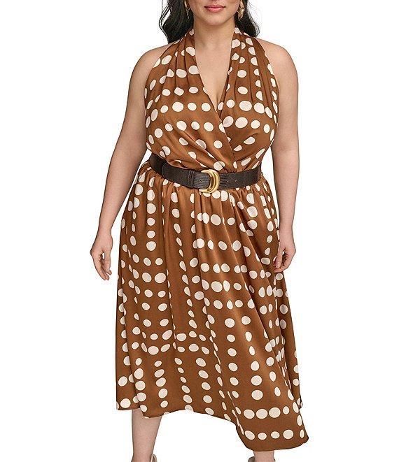 Donna Karan Plus Size Halter Neck Polka Dot Print Belted Midi Dress Product Image