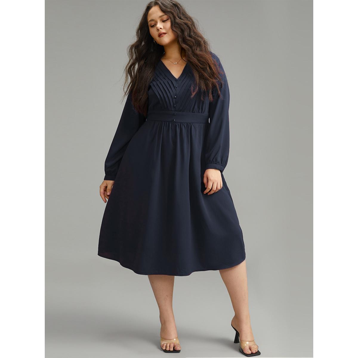 Plus Size Twill Pleated Beaded Long Sleeve Dress DarkBlue Women Elegant Plain V-neck Long Sleeve Curvy Midi Dress BloomChic 22-24/3X Product Image