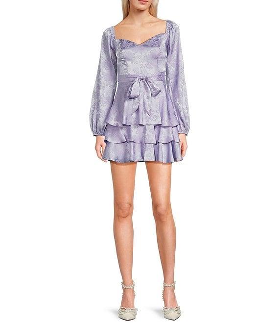 B. Darlin Satin Jacquard Floral Print V-Neck Long Sleeve Front Tie Tiered Ruffle Dress Product Image