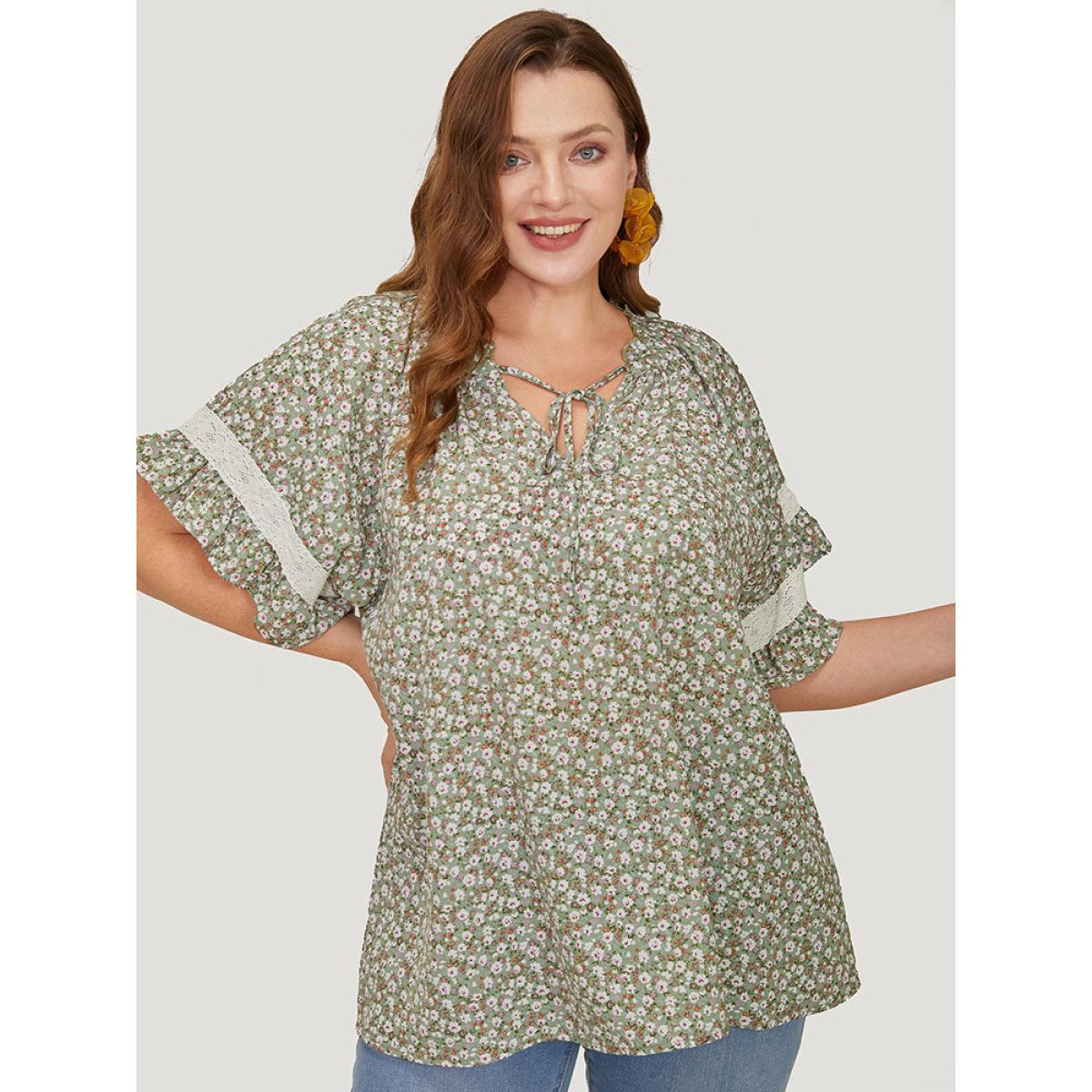 Plus Size Sage Ditsy Floral Frill Trim Lace Ruffle Sleeve Tie Neck Blouse Women Elegant Short sleeve Tie Neck Dailywear Blouses BloomChic 14-16/1X Product Image