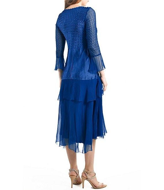 Komarov Charmeuse Lace V Neck 3/4 Sleeve Tiered Midi Dress Product Image