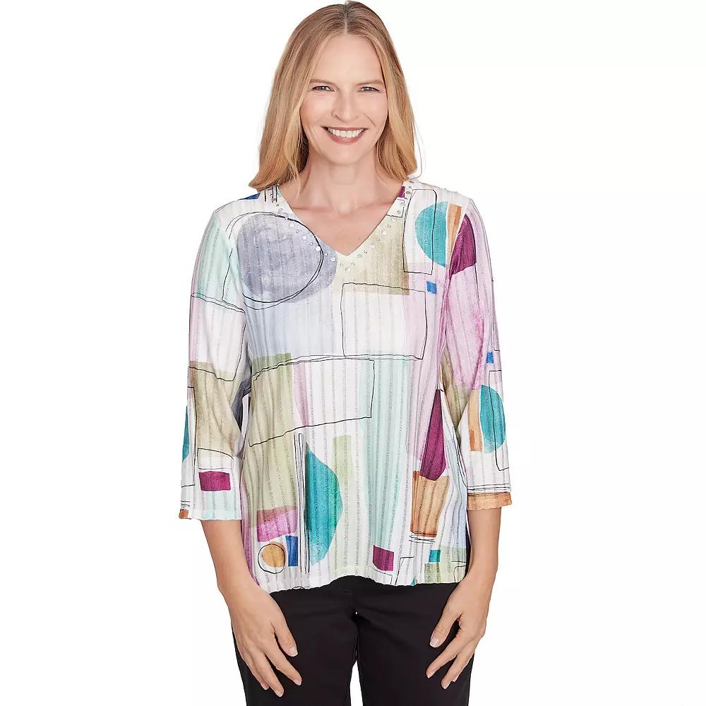 Women's Alfred Dunner Geometric V-Neck Three Quarter Sleeve Top, Size: Large, Multi Neutral Product Image