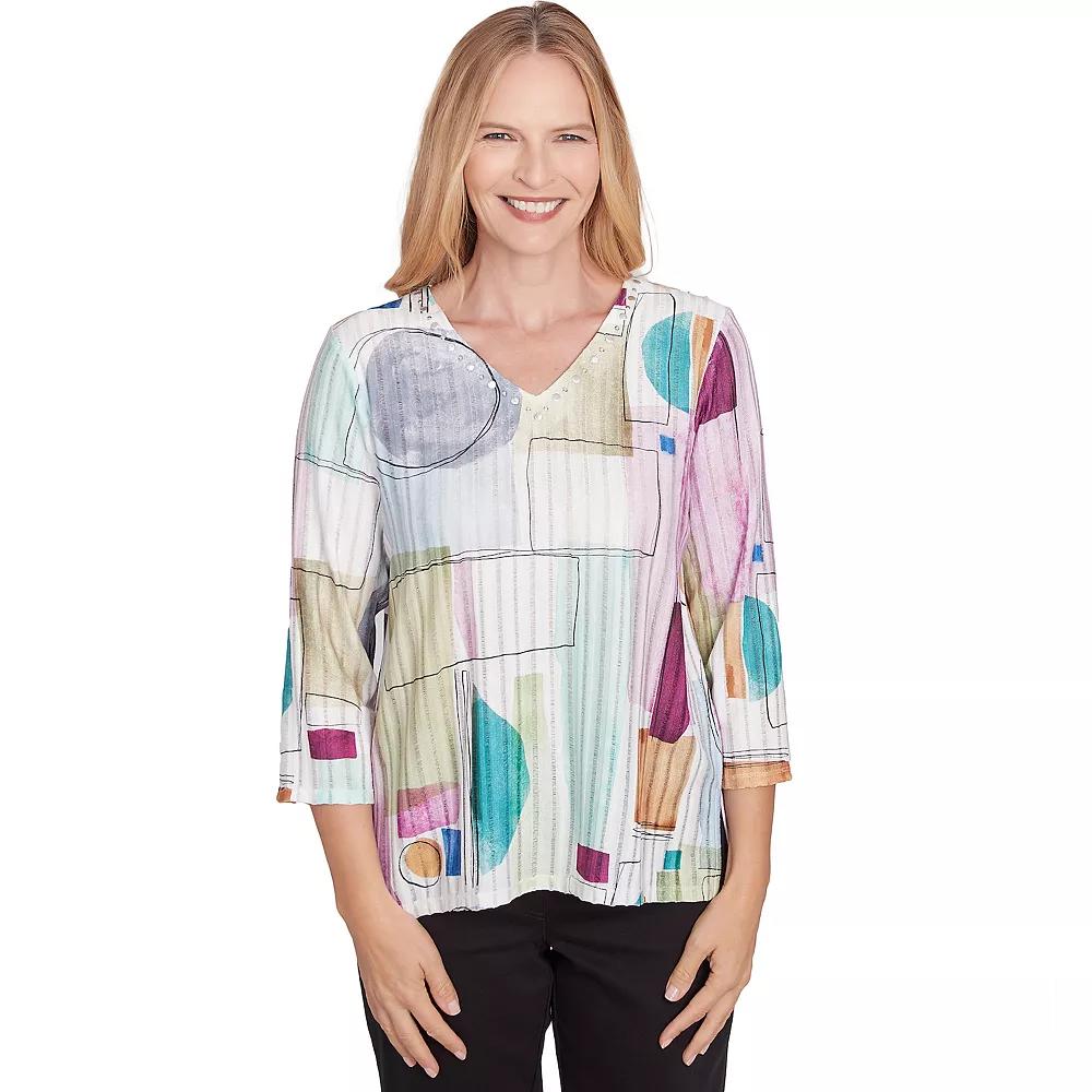 Women's Alfred Dunner Geometric V-Neck Three Quarter Sleeve Top, Size: Large, Multi Neutral Product Image