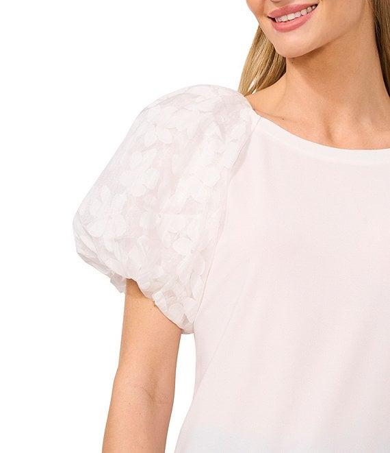 CeCe Mixed Media Round Neck Floral Puff Sleeve Top Product Image
