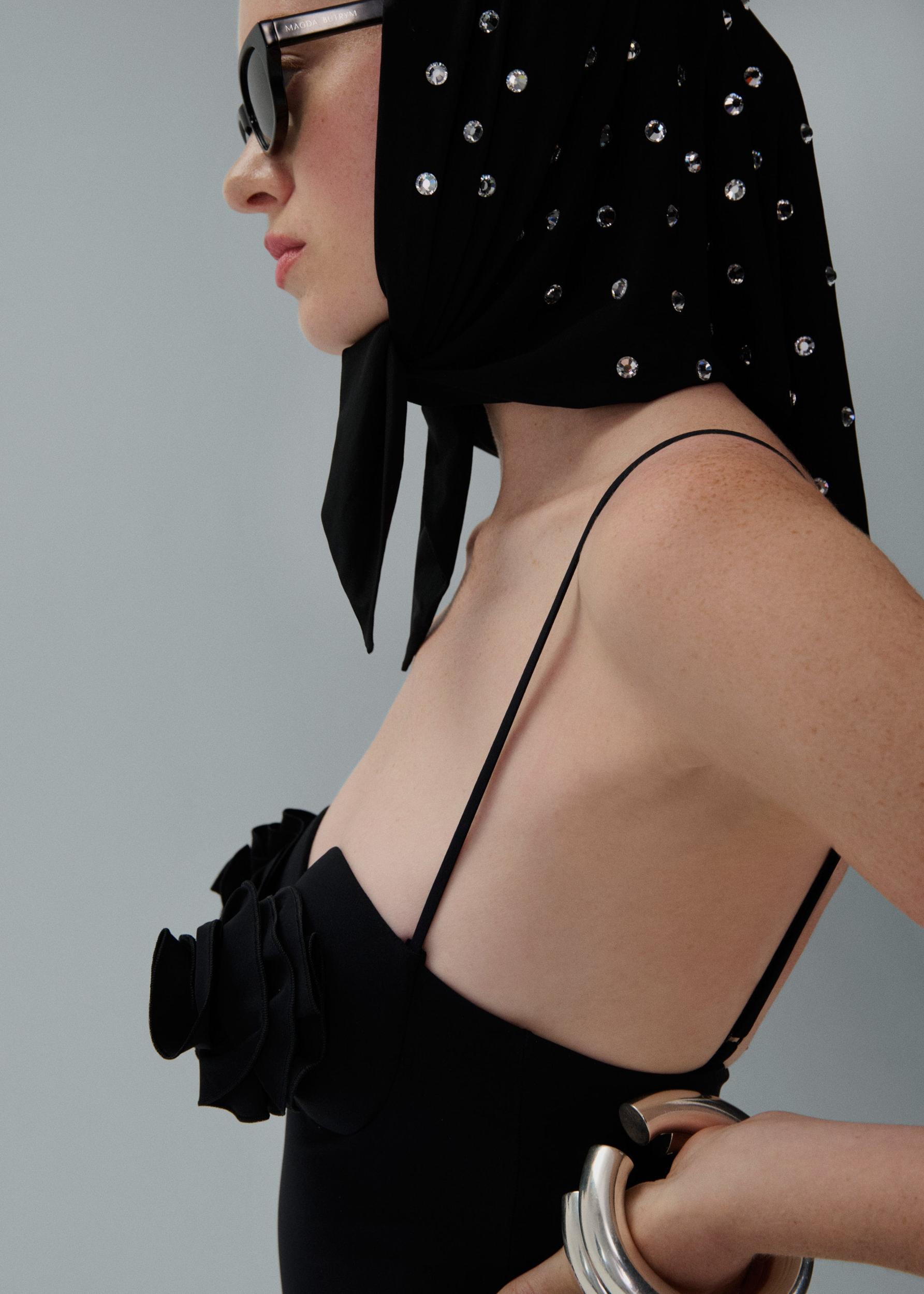 3D flower retro bustier swimsuit in black Product Image