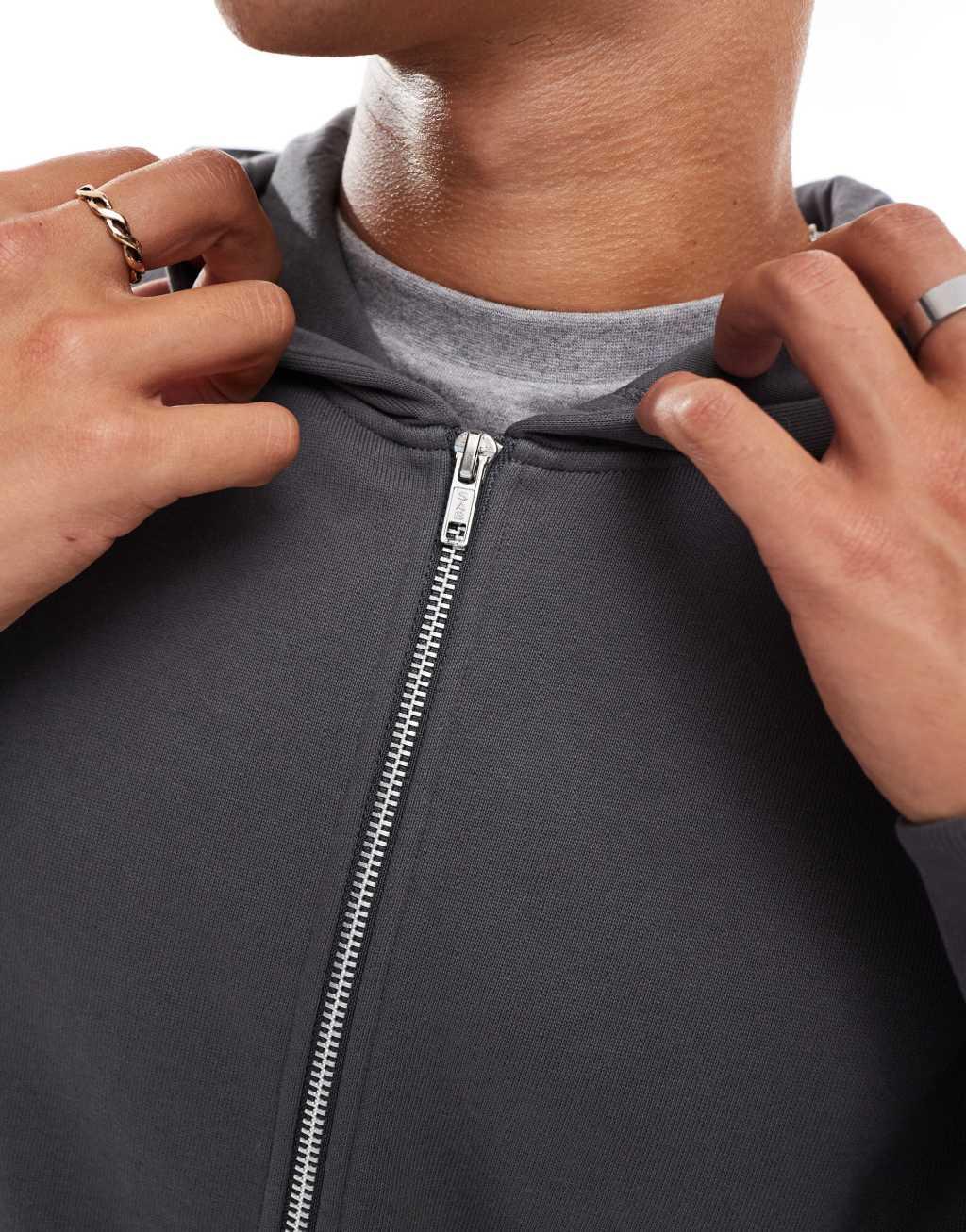 ASOS DESIGN essential boxy oversized zip through hoodie in charcoal Product Image
