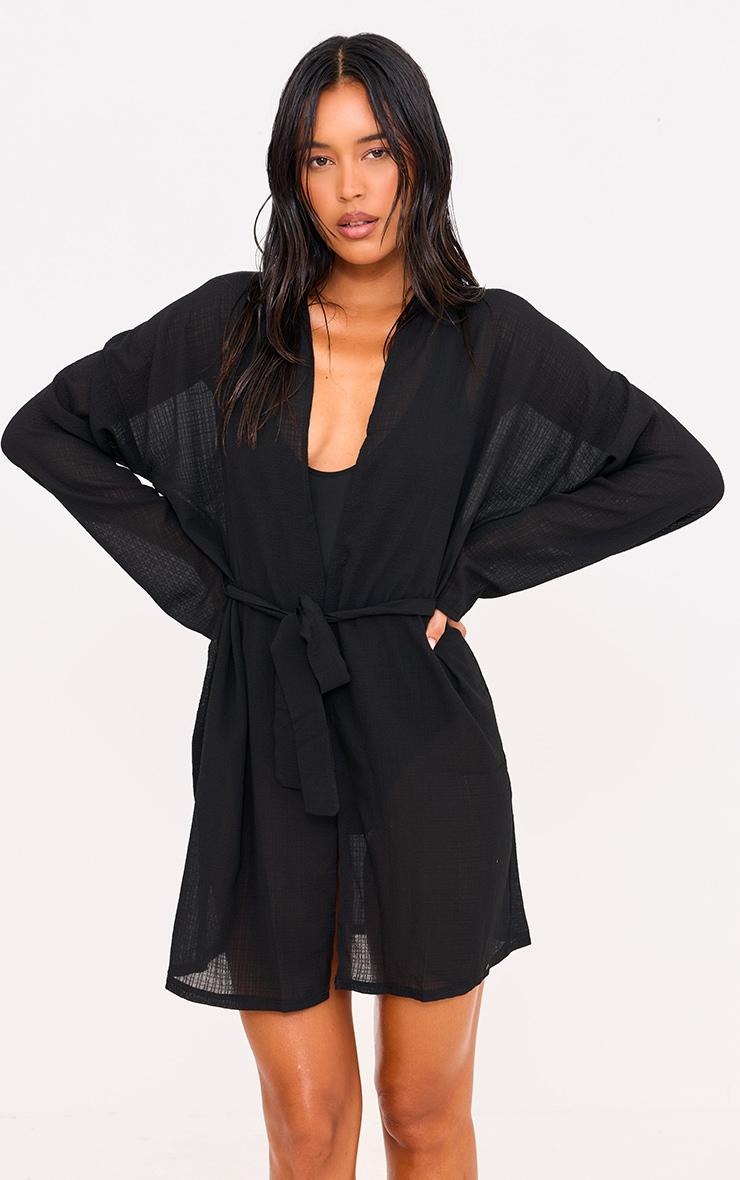 Black Crinkle Textured Short Beach Kimono Product Image