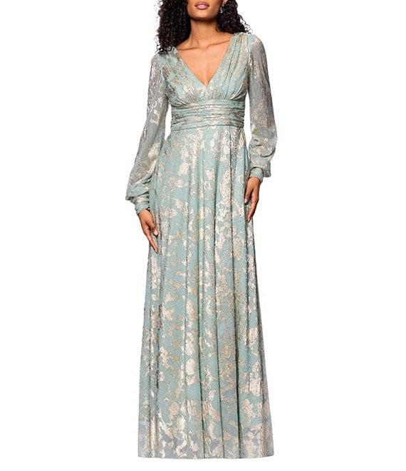 Betsy & Adam Metallic Knit Foiled Print V Neck Long Sleeve A-Line Gown Product Image