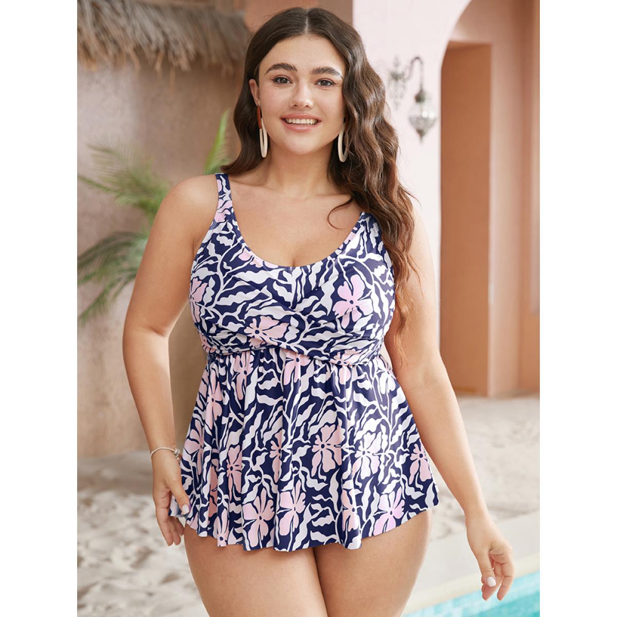 Plus Size Floral Crossover Front Flutter Scoop Neck Tankini Top Women's Swimwear Indigo Vacation Adjustable Straps High stretch Bodycon Curve Swim Tops BloomChic 10/M Product Image
