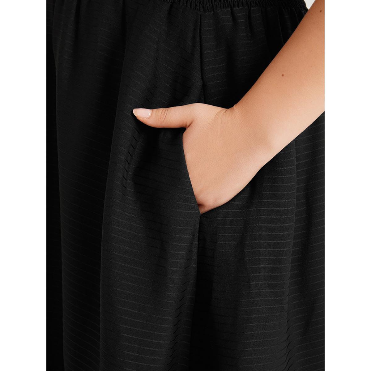 Plus Size Plain Shirred V Neck Pocket Drawstring Sleeveless Dress Black Women Elegant Texture V-neck Sleeveless Curvy Midi Dress BloomChic 14-16/1X Product Image