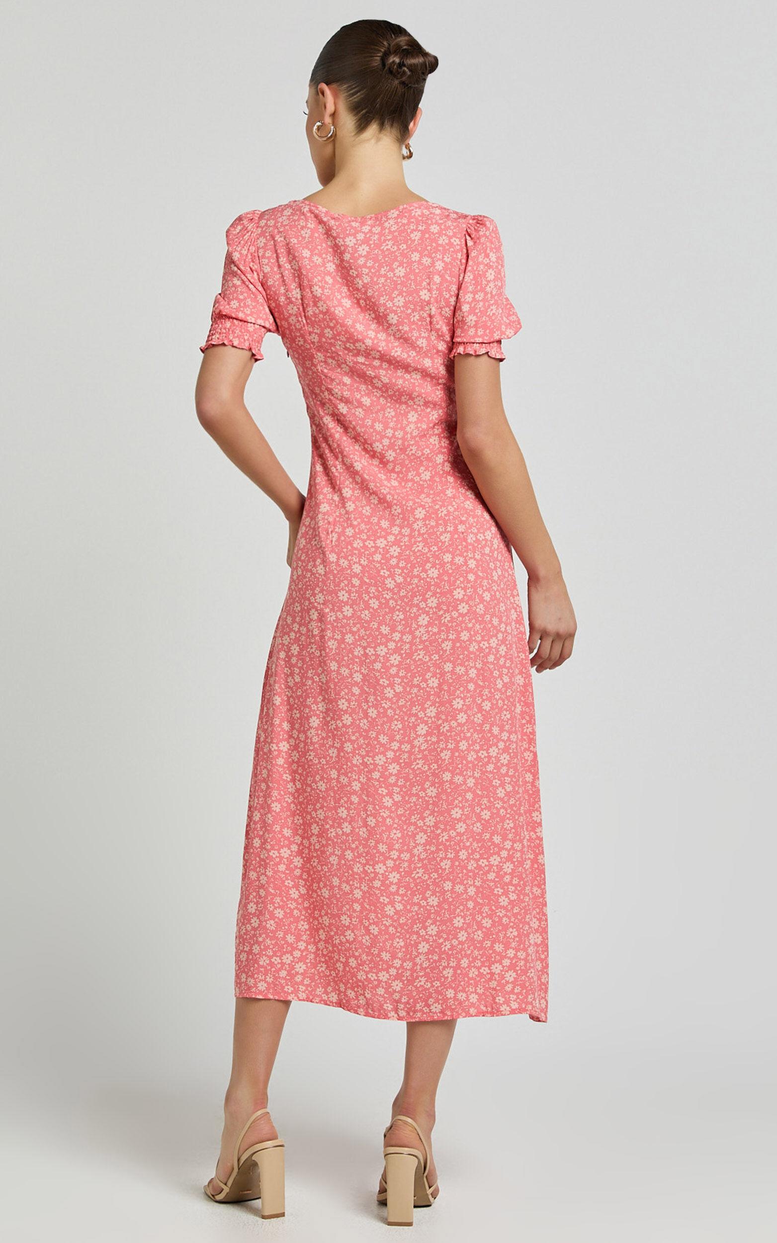 Marcel Midi Dress - Sweetheart Puff Sleeve Thigh Split Dress in Coral Product Image