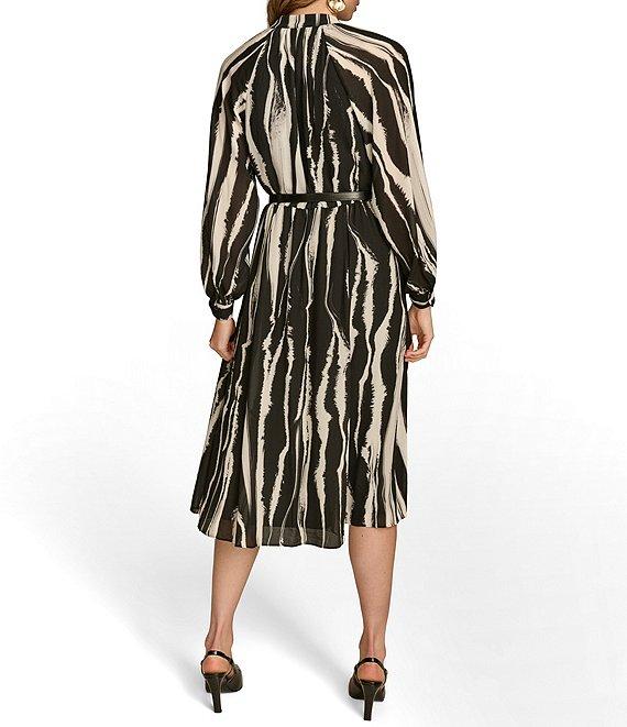 Donna Karan Printed Chiffon V-Neck Blouson Sleeve Belted A-Line Midi Dress Product Image
