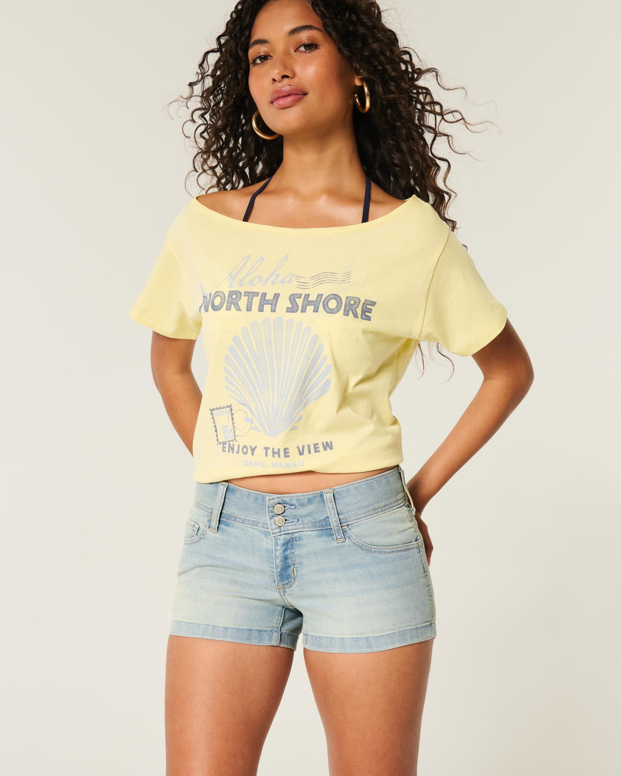 Low-Rise Light Wash Denim Shortie Shorts Product Image