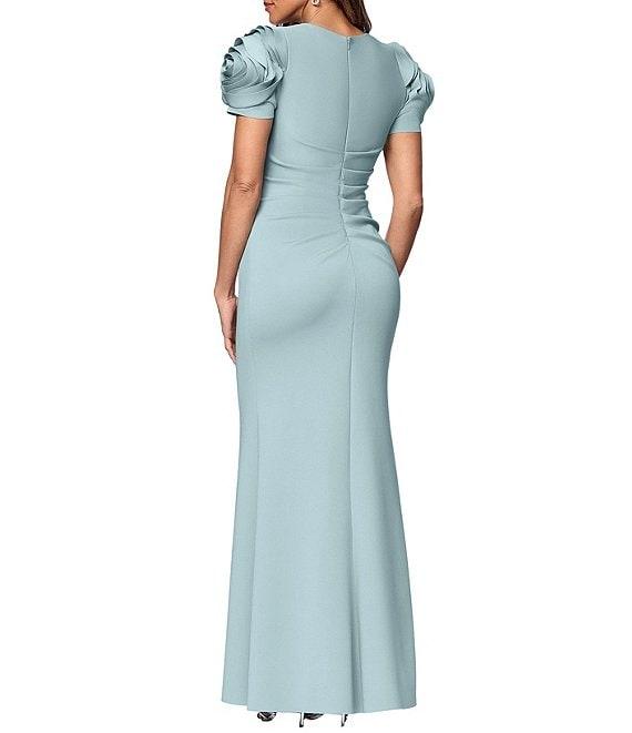 Xscape Rosette Short Sleeve Ruched Back Sheath Gown Product Image