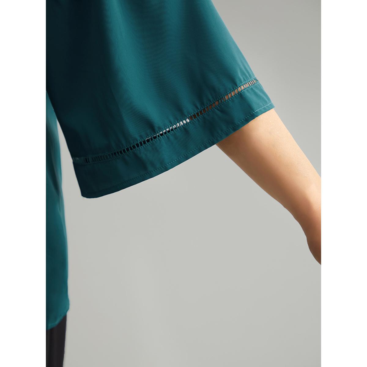 Plus Size Cyan Anti-Wrinkle Pleated Detail Flounce Sleeve Blouse Women Office Half Sleeve Round Neck Work Blouses BloomChic 28/5X Product Image