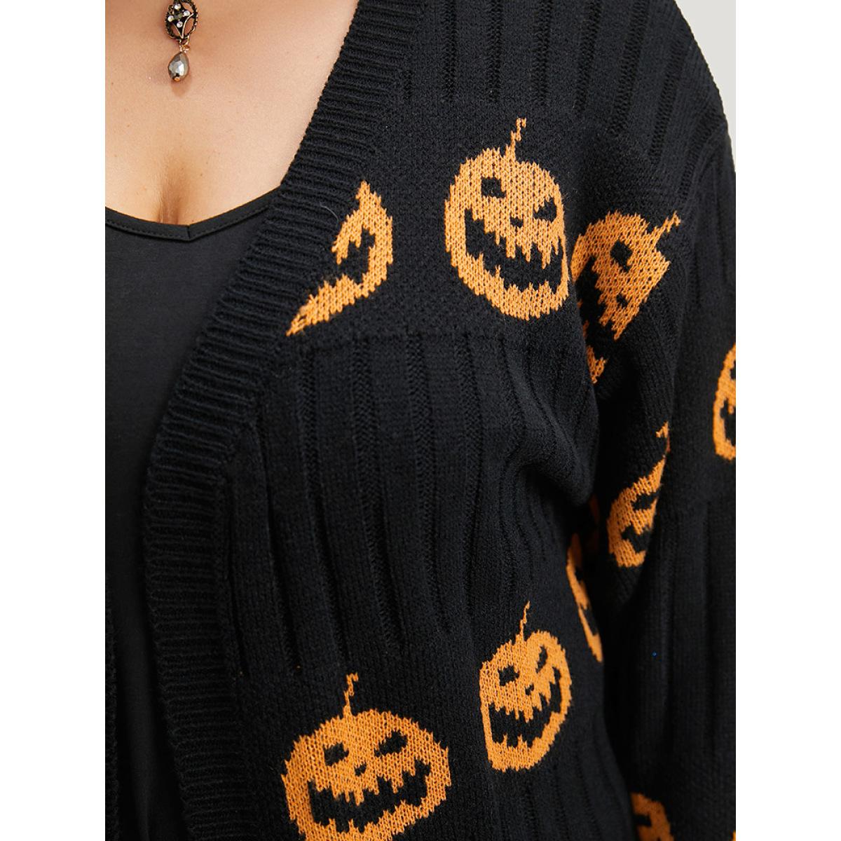Plus Size Halloween Pumpkin Graphic Open Front Cardigan Black Women Casual Loose Long Sleeve Festival-Halloween Cardigans BloomChic 14-16/1X Product Image
