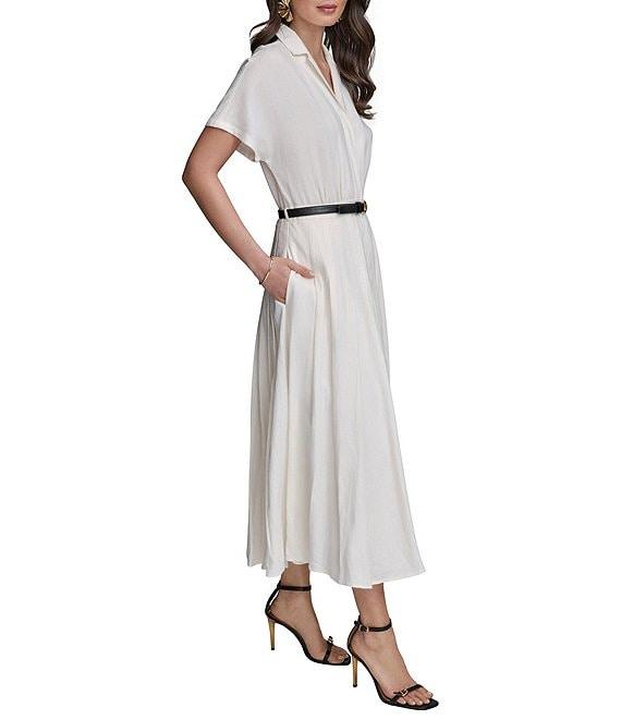 Donna Karan Linen Blend Short Sleeve Belted Midi Shirt Dress Product Image