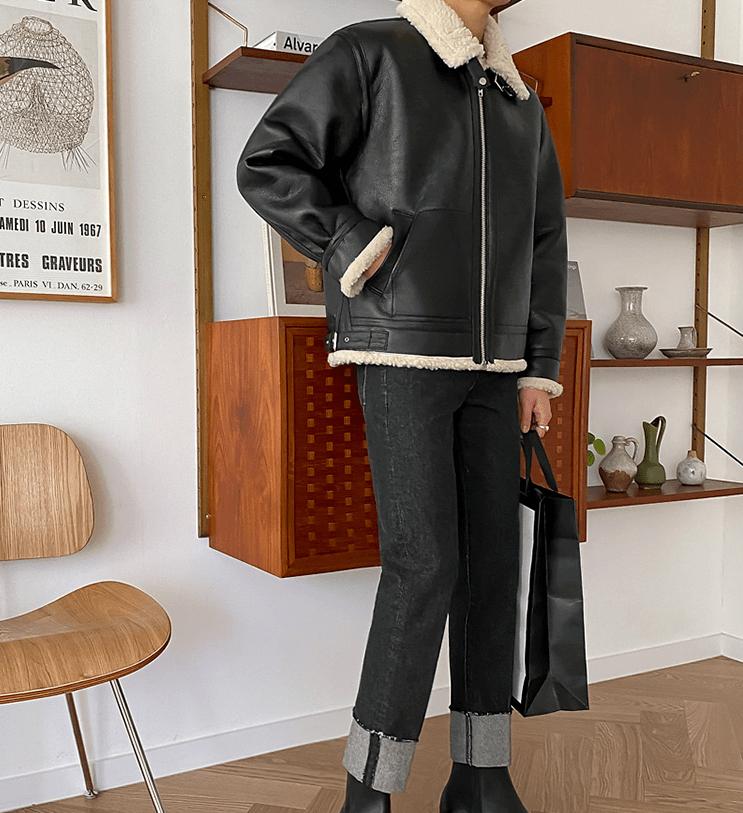 RT No. 2798 BLACK FLEECE COLLAR LEATHER JK Product Image