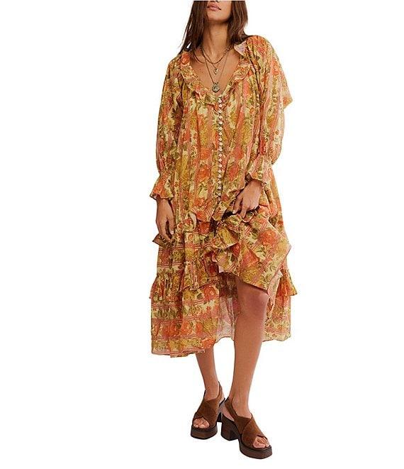 Free People Garden Wonders Ruffle V-Neck Long Sleeve Button Front Tiered Midi Dress Product Image