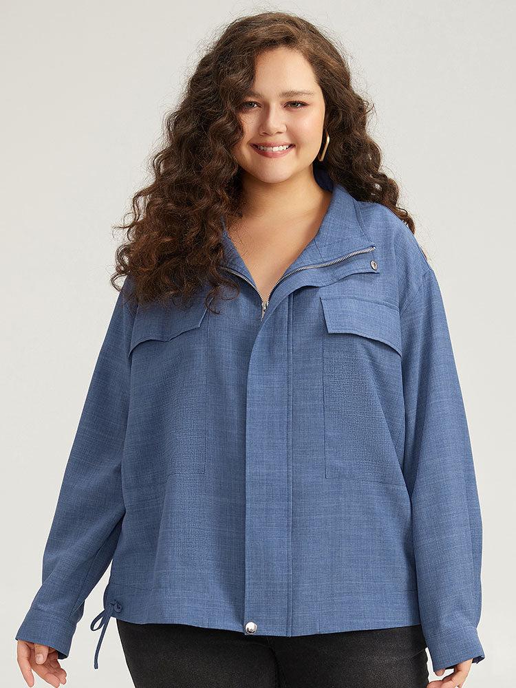 Plain Flap Pocket Zipper Lapel Collar Coat Female Product Image