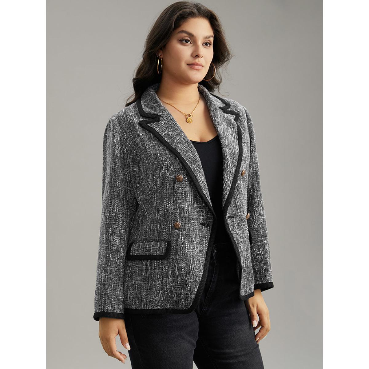 Plus Size Tweed Suit Collar Contrast Trim Blazer DimGray Women Dailywear Plain Contrast Sleeve Long Sleeve Suit Collar 12/L Pocket Casual Blazers BloomChic Product Image