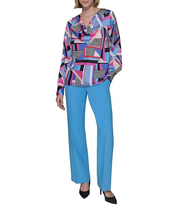 KARL LAGERFELD PARIS Woven Geometric Print Cowl Neck Long Sleeve Blouse Product Image