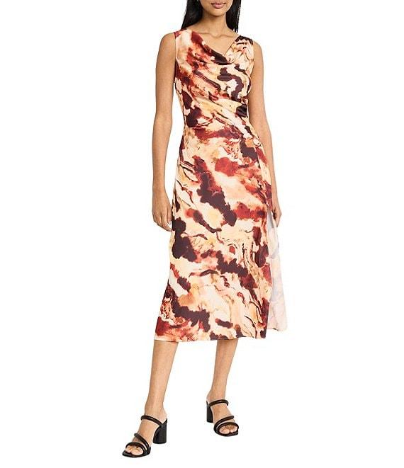 Donna Morgan Cowl Neck Front Slit Printed Midi Dress Product Image