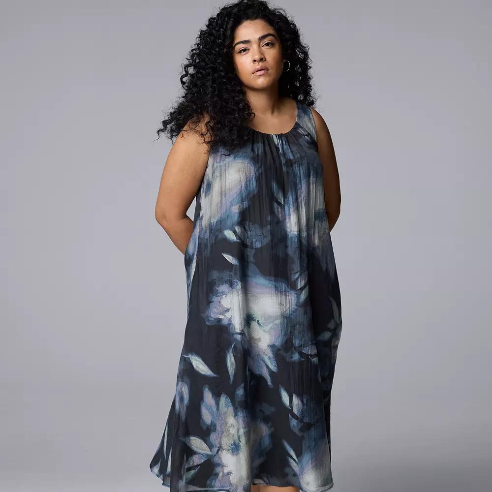 Plus Size Simply Vera Vera Wang Shirred Neck Maxi Dress, Women's, Size: 0X, Blue Lrg Floral Product Image