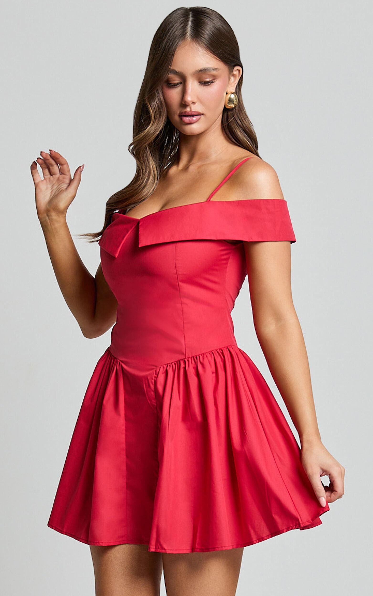Bea Mini Dress - Off the Shoulder Fit and Flare Dress in Red Product Image