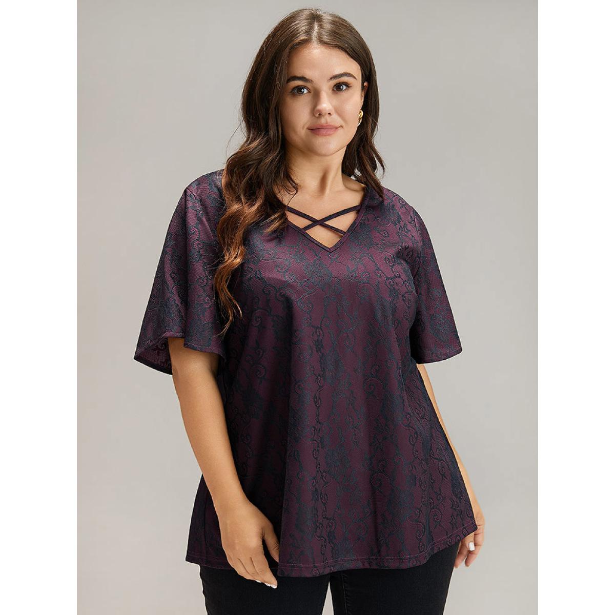 Plus Size Lace Crisscross Neck T-shirt Burgundy Women Elegant Lace Silhouette Floral Print V-neck Dailywear T-shirts BloomChic 28/5X Product Image