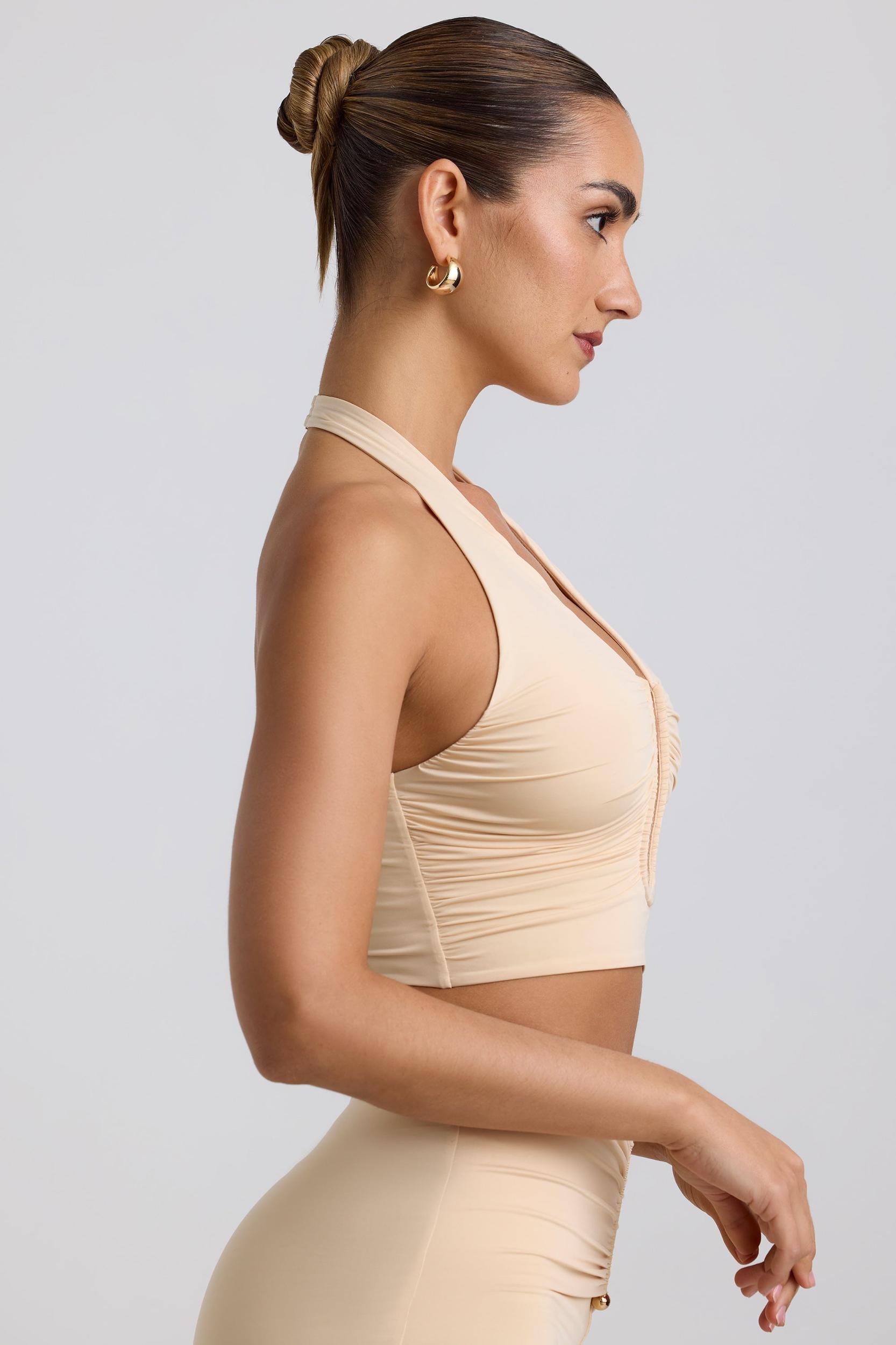 Slinky Jersey Ruched Halterneck Top in Buttercream Product Image