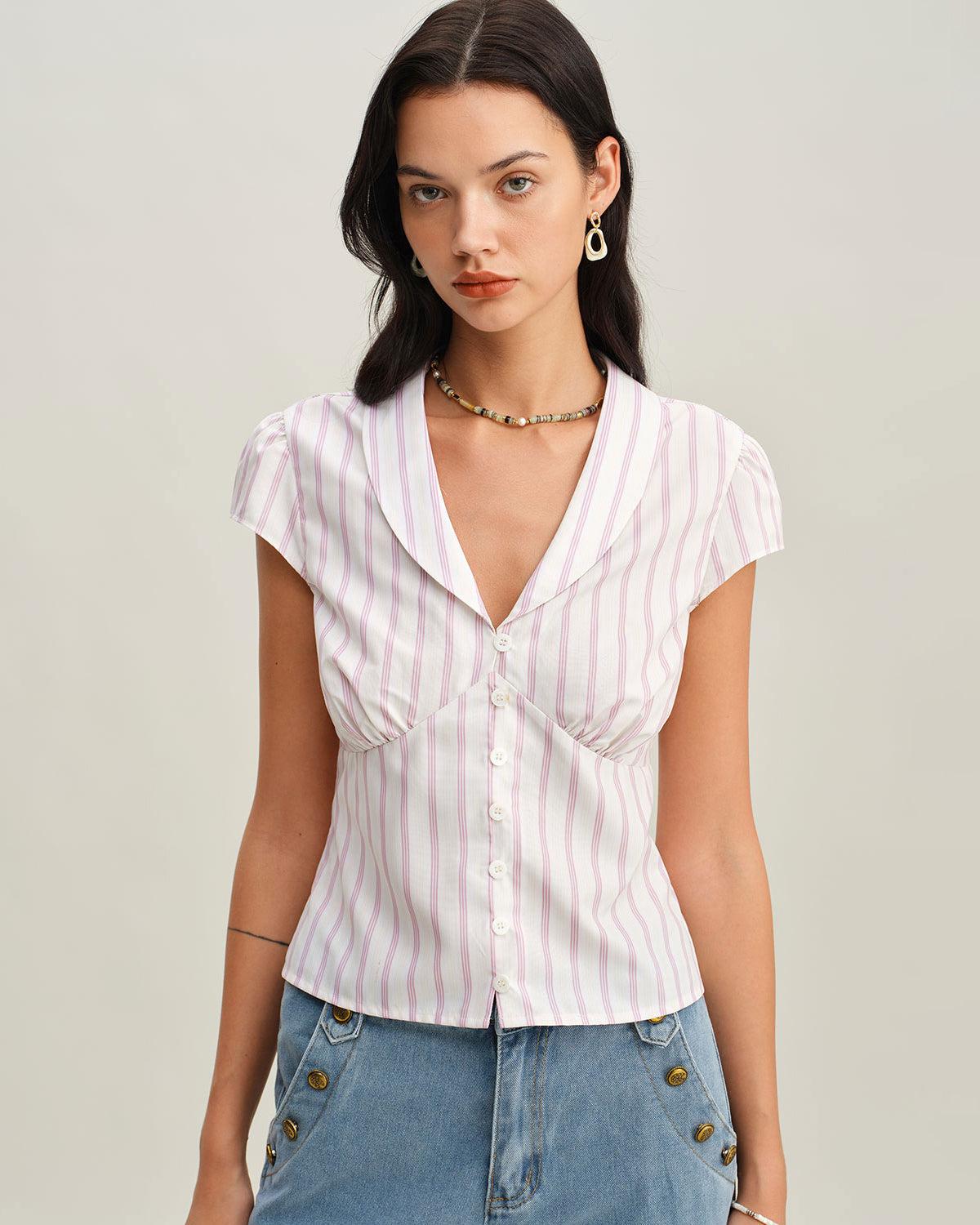 Pink Striped Cap Sleeve Button Blouse Product Image